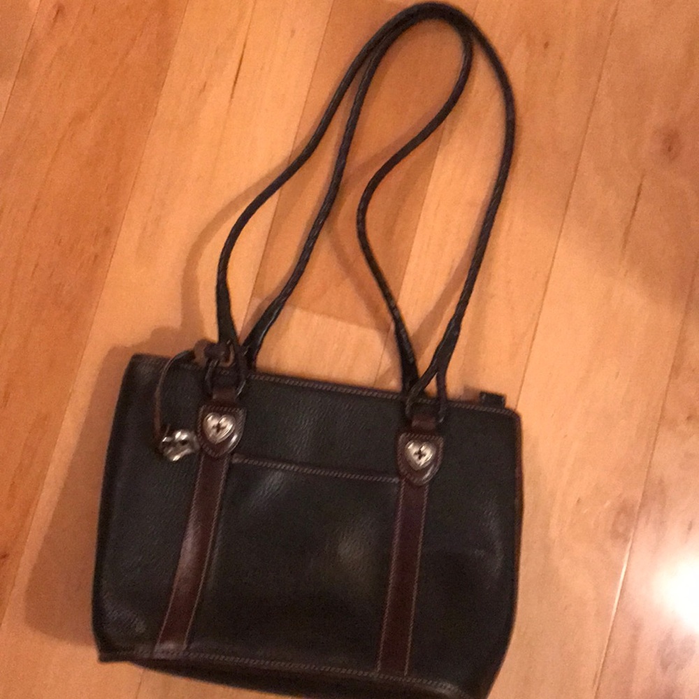 Brighton Black Pebbled Leather Purse Shoulder Bag w/Braided Brown Leather Straps